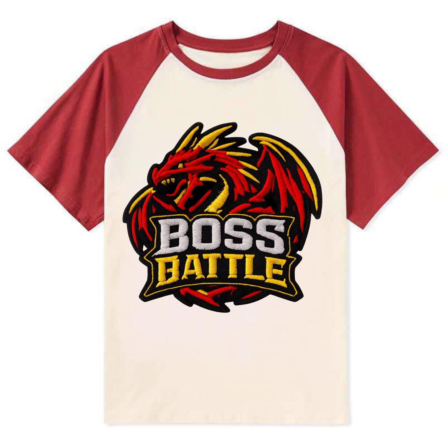 BOSS BATTLE - dragon silhouette in red and gold , raid - Contrast Raglan T-shirt - Red