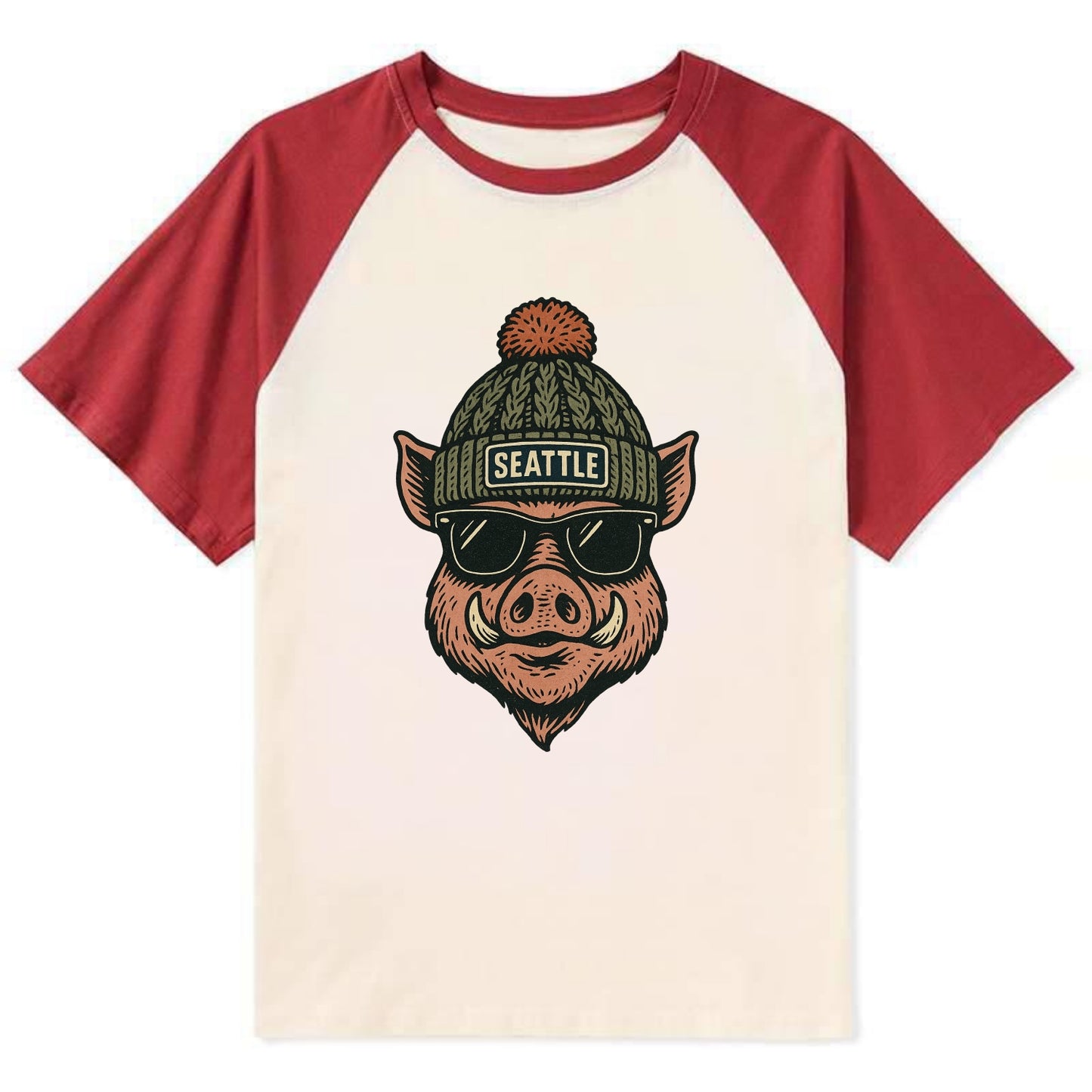 Washington Hog wearing Seattle beanie with pom pom and wayfarer sunglasses - Contrast Raglan T-shirt - Red