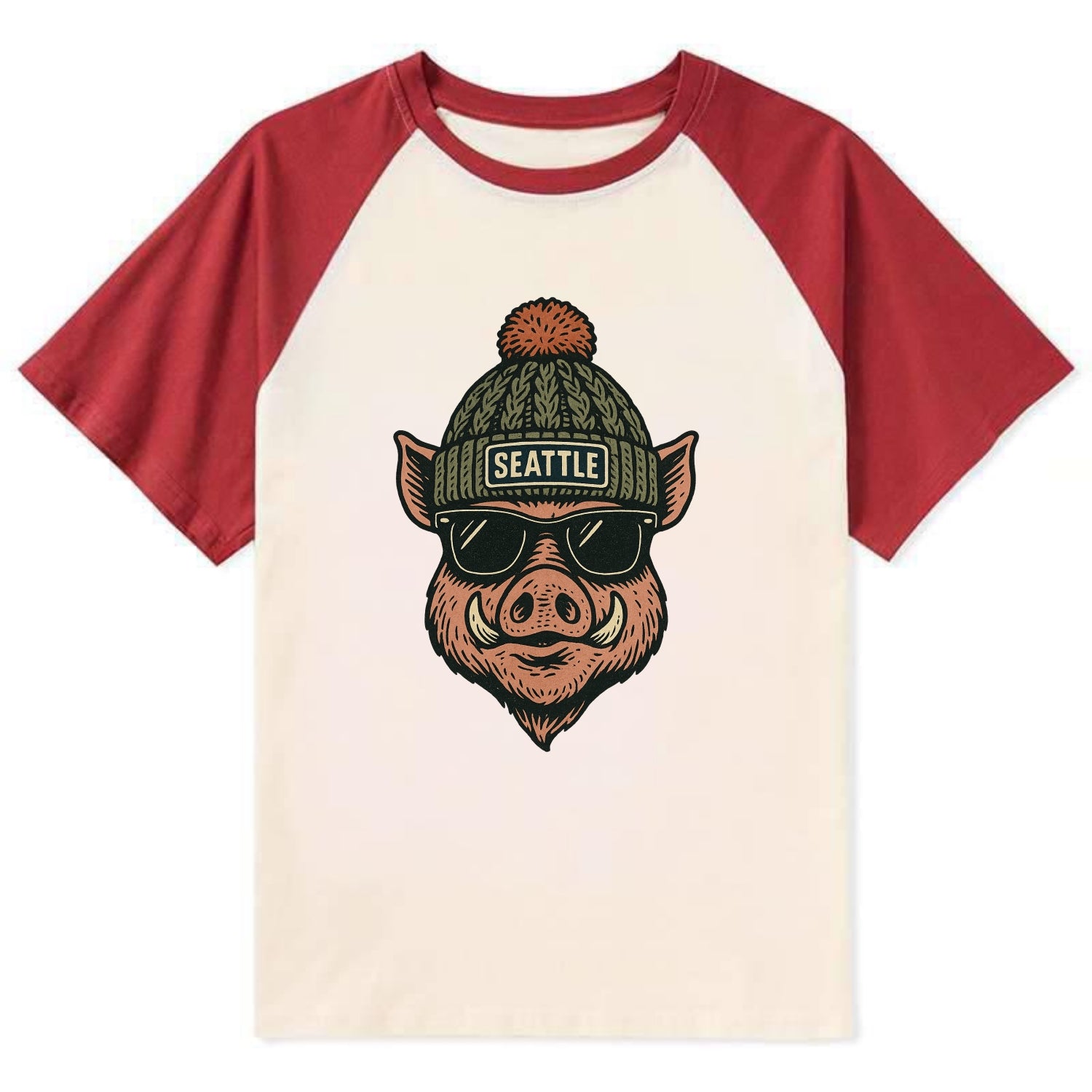 Washington Hog wearing Seattle beanie with pom pom and wayfarer sunglasses - Contrast Raglan T-shirt - Red