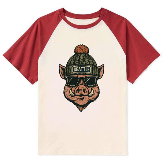 Washington Hog wearing Seattle beanie with pom pom and wayfarer sunglasses - Contrast Raglan T-shirt - Red