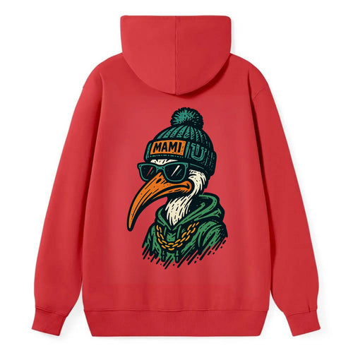 Coral Gables Ibis wearing Miami beanie with U patch - Classic Pullover Hoodie