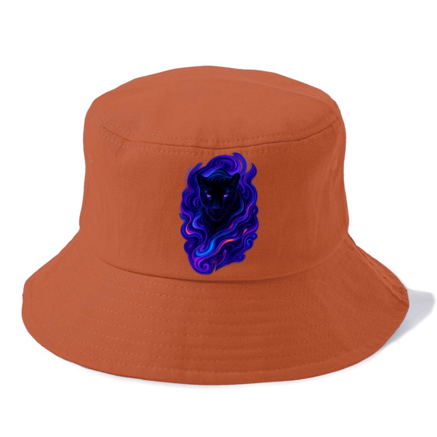 Sleek black panther emerging from swirls of deep purple and electric blue, shadow-like - Bucket Hat - Red