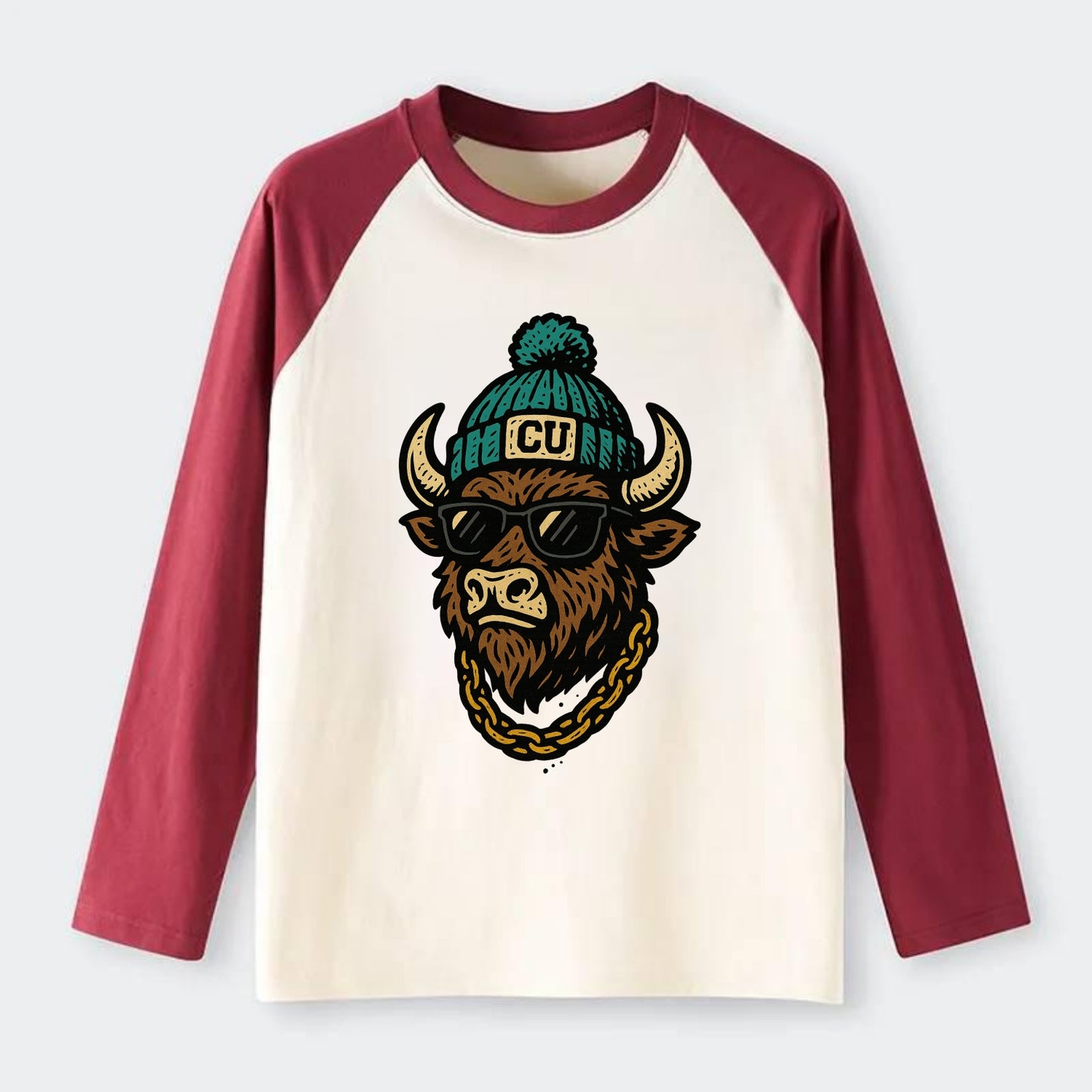 Boulder Ralphie wearing Colorado beanie with CU patch - Raglan Long Sleeve T-Shirt - Red