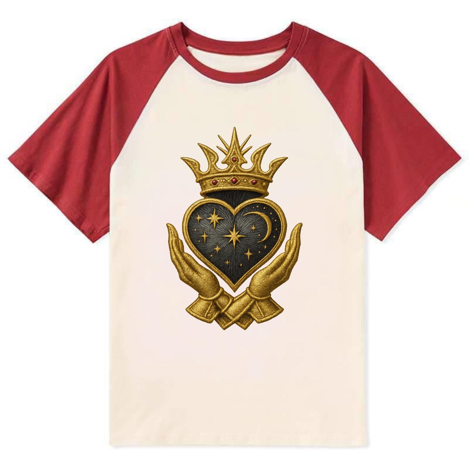 Hammered bronze warrior crown anchoring a dark steel heart with - Contrast Raglan T-shirt - Red