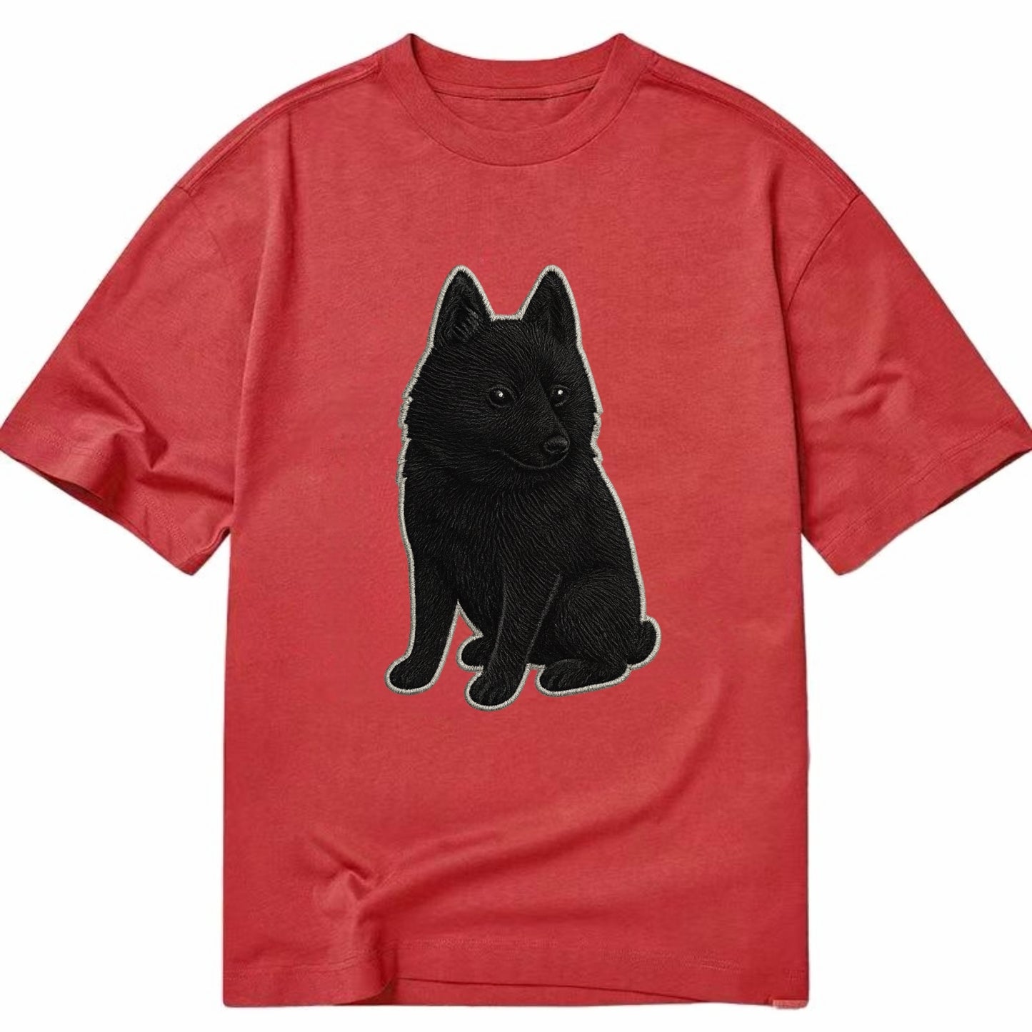 Schipperke - Solid black small embroidered sitting pose - Classic T-shirt - Red