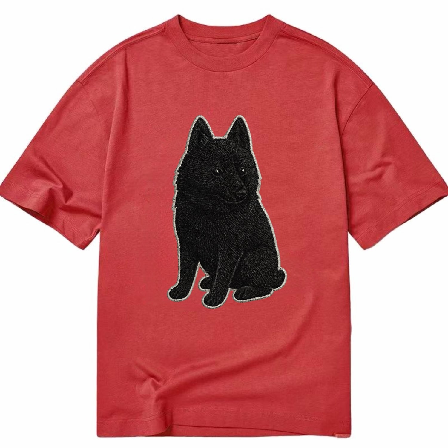 Schipperke - Solid black small embroidered sitting pose - Classic T-shirt - Red