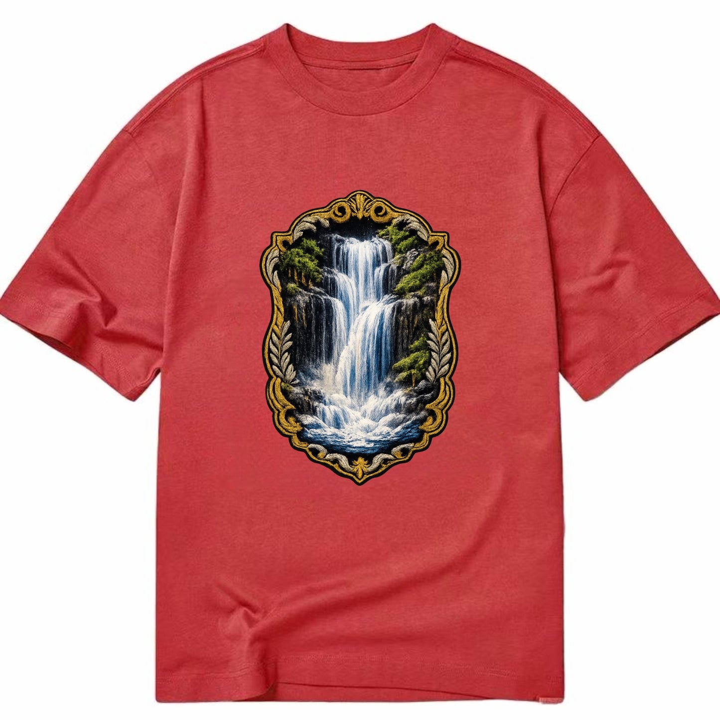 WATERFALL CASCADE - falling water with mist in blue and white , nature wonder - Classic T-shirt - Red