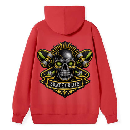 SKATEBOARD SKULL - skull with skateboard in black and neon green , - Classic Pullover Hoodie - Red
