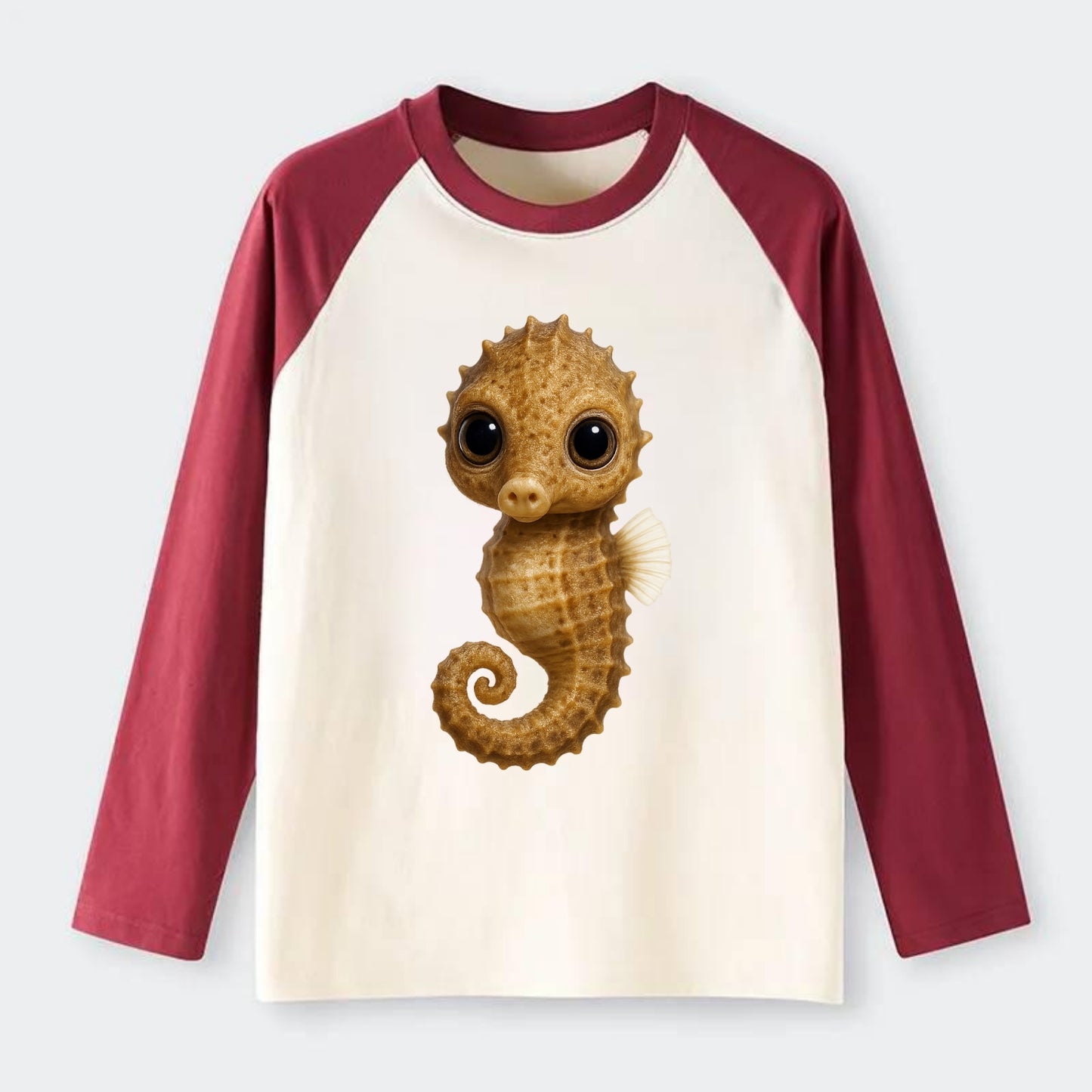 Baby Seahorse - curled tail, snout, large eyes, front-facing, delicate - Raglan Long Sleeve T-Shirt - Red