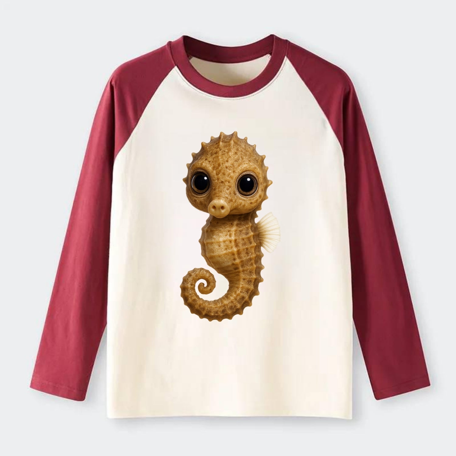Baby Seahorse - curled tail, snout, large eyes, front-facing, delicate - Raglan Long Sleeve T-Shirt - Red