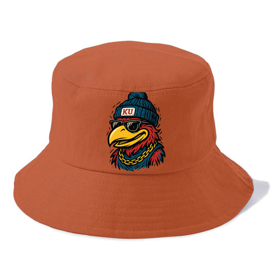 Lawrence Jayhawk wearing Kansas beanie with KU patch - Bucket Hat - Red