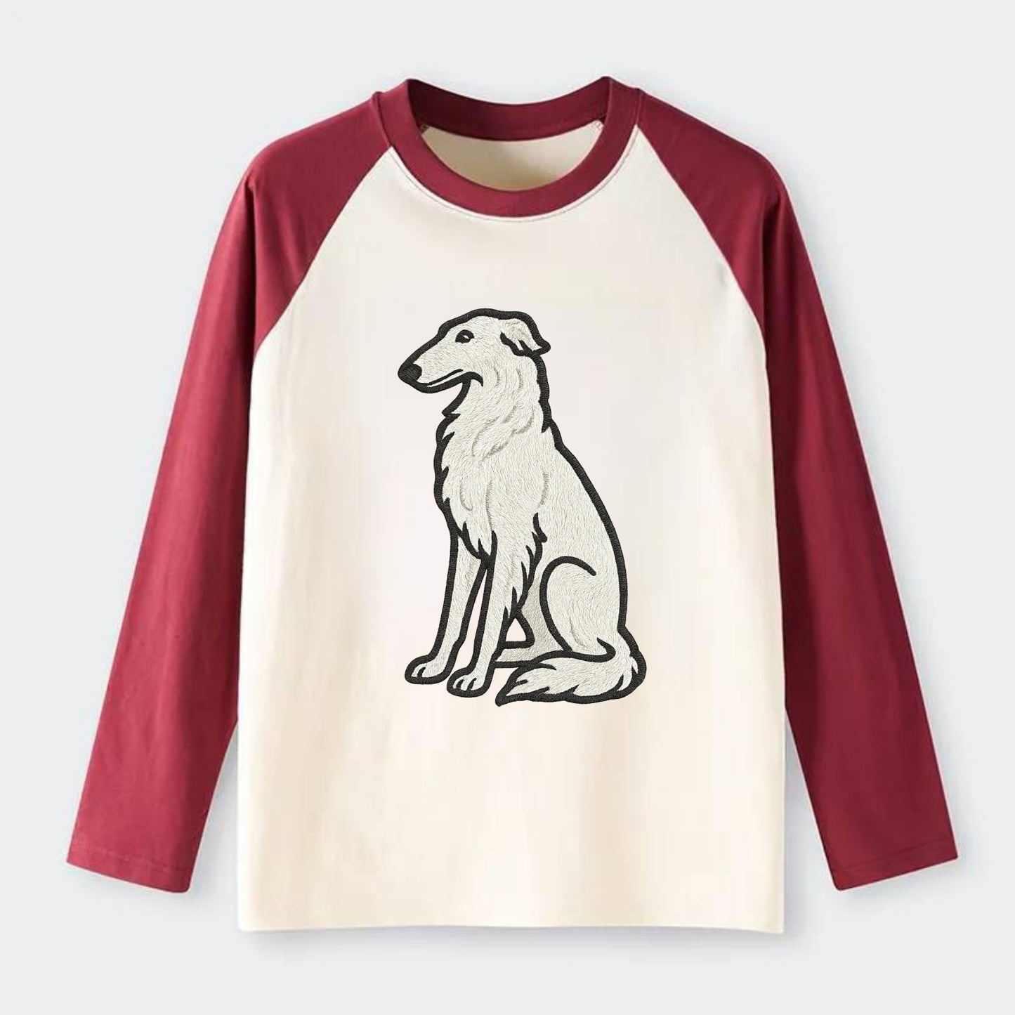 Borzoi - White embroidered sitting pose - Raglan Long Sleeve T-Shirt - Red