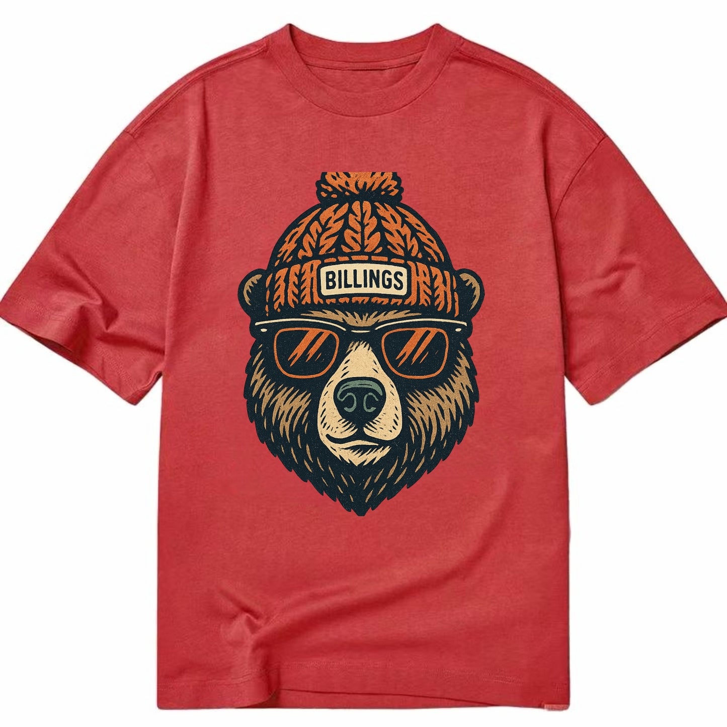 Montana Grizzly Bear wearing Billings beanie with pom pom and wayfarer sunglasses - Classic T-shirt - Red
