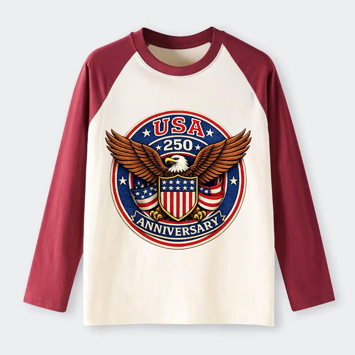 Usa 250 Anniversary Eagle Shield Emblem - Raglan Long Sleeve T-Shirt - Red