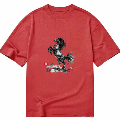 WILD STALLION | Powerful stallion rearing up | Windswept mane and tail | Mountain - Classic T-shirt - Red