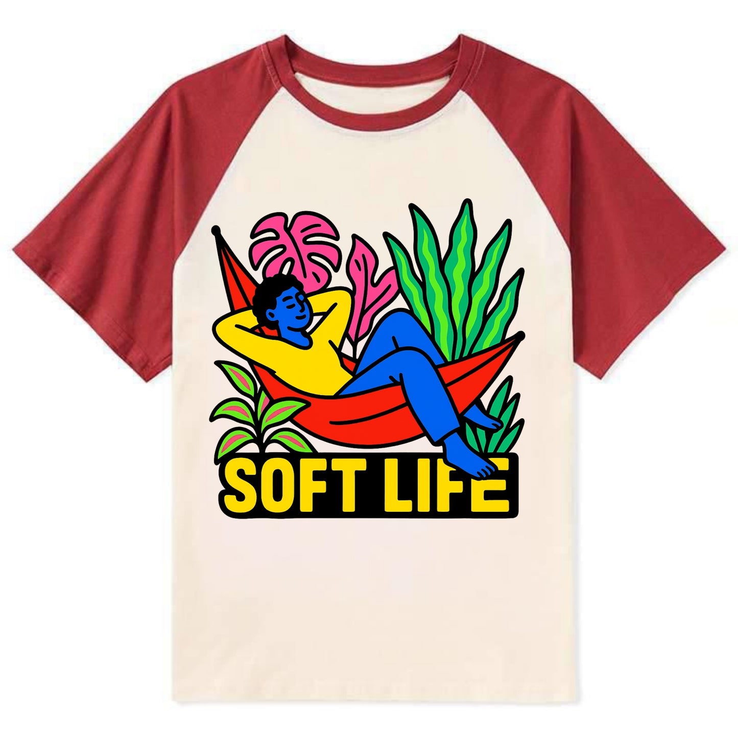 Person relaxing in hammock with plants - "soft life" aesthetic, peaceful - Contrast Raglan T-shirt - Red