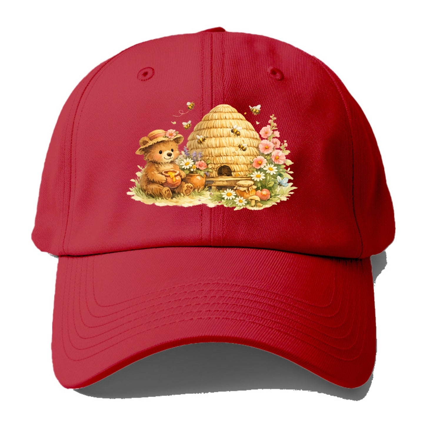 SKEP HIVE | Traditional straw beehive | Cottage garden setting | Buzzing activity | - Baseball Cap - Red