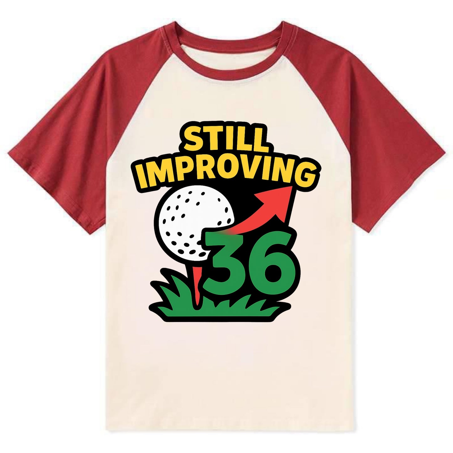 Handicap number getting higher with arrow - "Still Improving" - - Contrast Raglan T-shirt - Red
