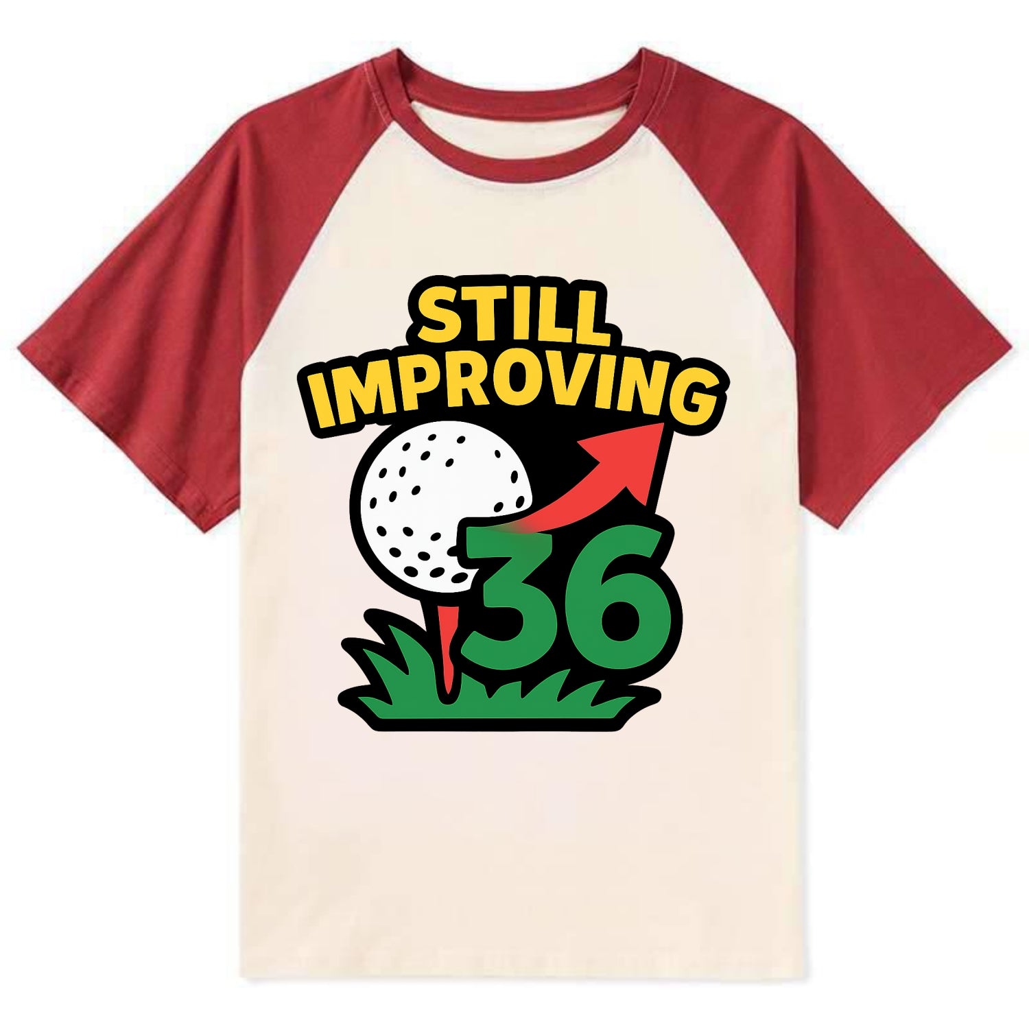 Handicap number getting higher with arrow - "Still Improving" - - Contrast Raglan T-shirt - Red