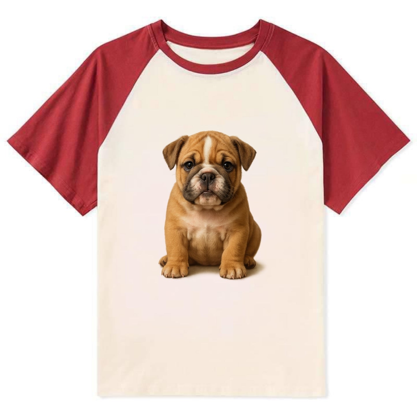 Baby Bulldog Puppy - wrinkly face, underbite, stocky body, gentle eyes, - Contrast Raglan T-shirt - Red