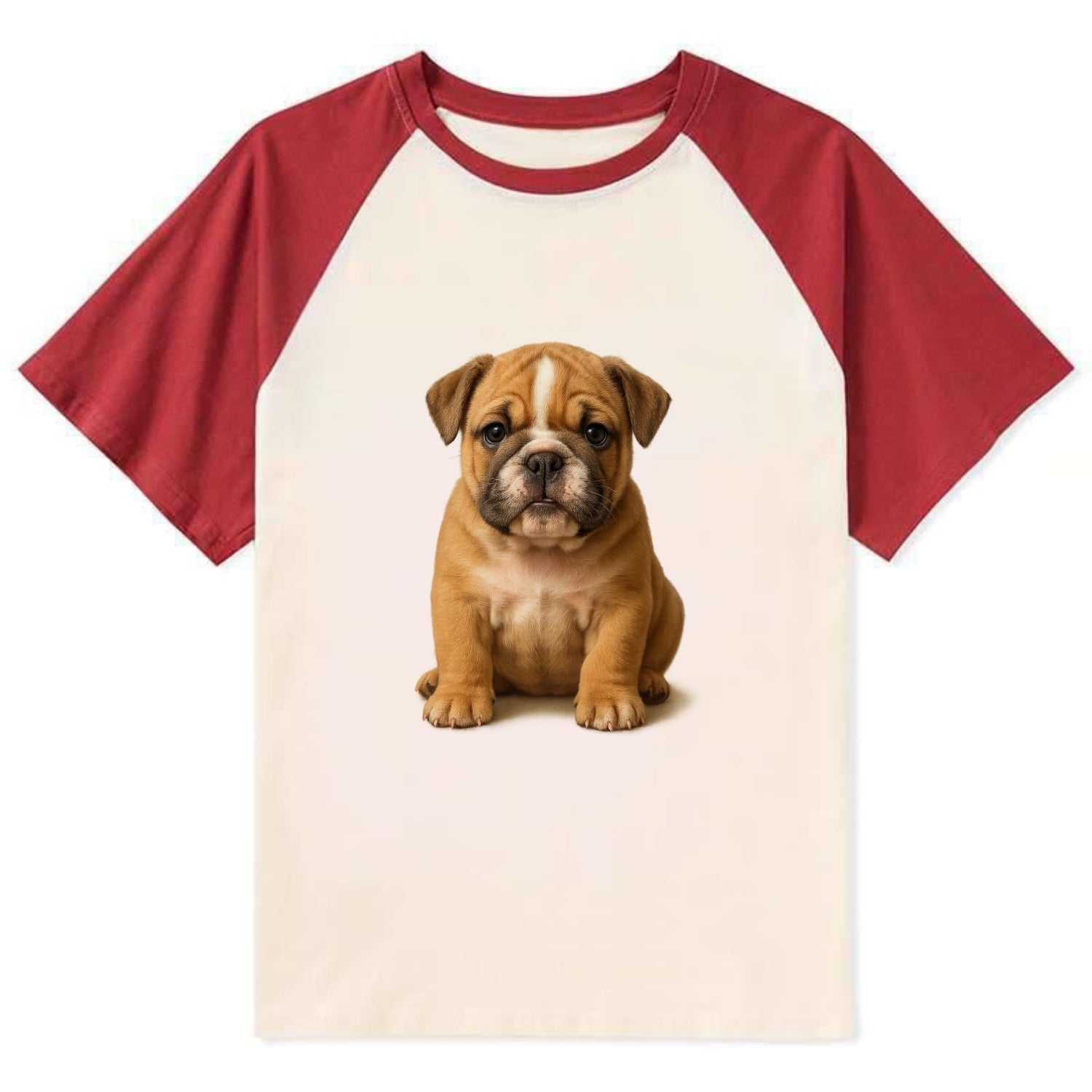 Baby Bulldog Puppy - wrinkly face, underbite, stocky body, gentle eyes, - Contrast Raglan T-shirt - Red