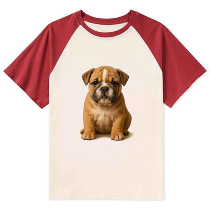 Baby Bulldog Puppy - wrinkly face, underbite, stocky body, gentle eyes, - Contrast Raglan T-shirt - Red