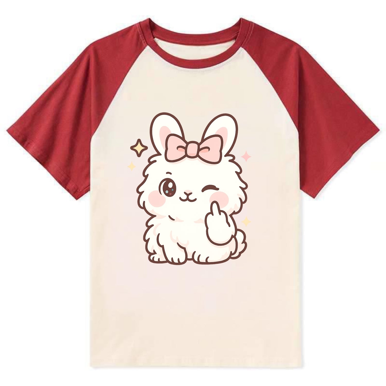 fluffy white angora rabbit with pink bow, one paw delicately flipping off - Contrast Raglan T-shirt - Red