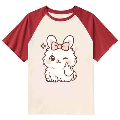 fluffy white angora rabbit with pink bow, one paw delicately flipping off - Contrast Raglan T-shirt - Red