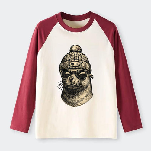 San Diego Sea Lion wearing San Diego beanie with pom pom and wayfarer - Raglan Long Sleeve T-Shirt