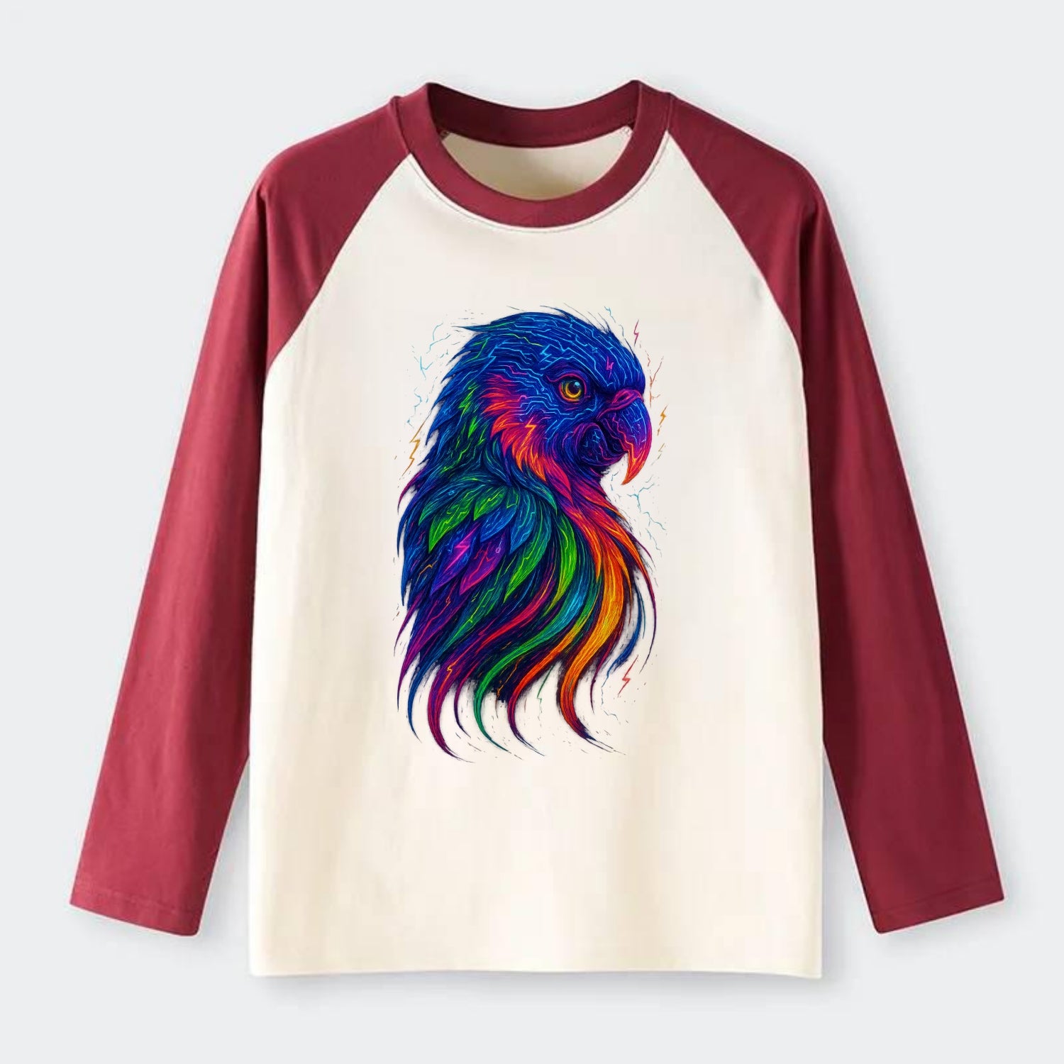 Vibrant parrot with feathers flowing into tropical rainbow streams, - Raglan Long Sleeve T-Shirt - Red