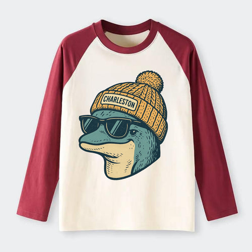 Charleston Dolphin wearing Charleston beanie with pom pom and wayfarer - Raglan Long Sleeve T-Shirt