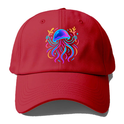 Jellyfish conducting a glow orchestra using coral batons in deep ocean concert hall - Baseball Cap - Red