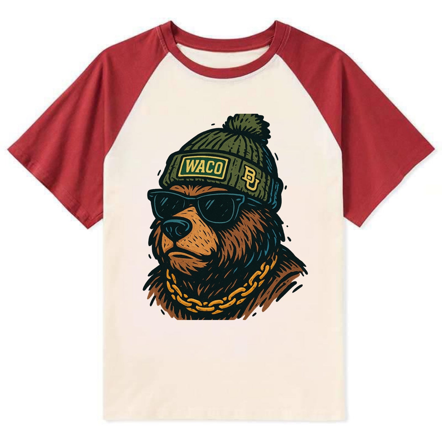Waco Bear wearing Baylor beanie with BU patch - Contrast Raglan T-shirt - Red