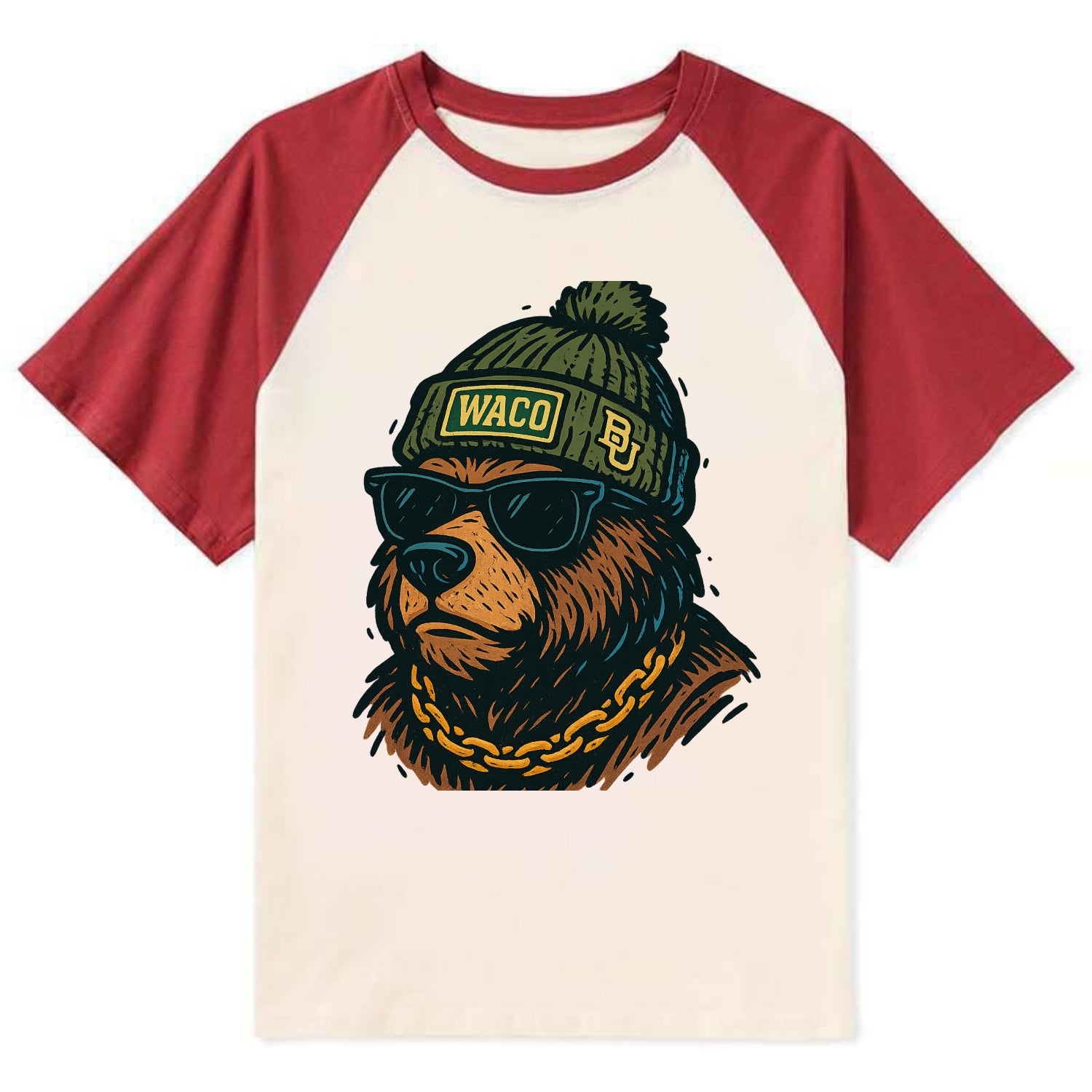 Waco Bear wearing Baylor beanie with BU patch - Contrast Raglan T-shirt - Red