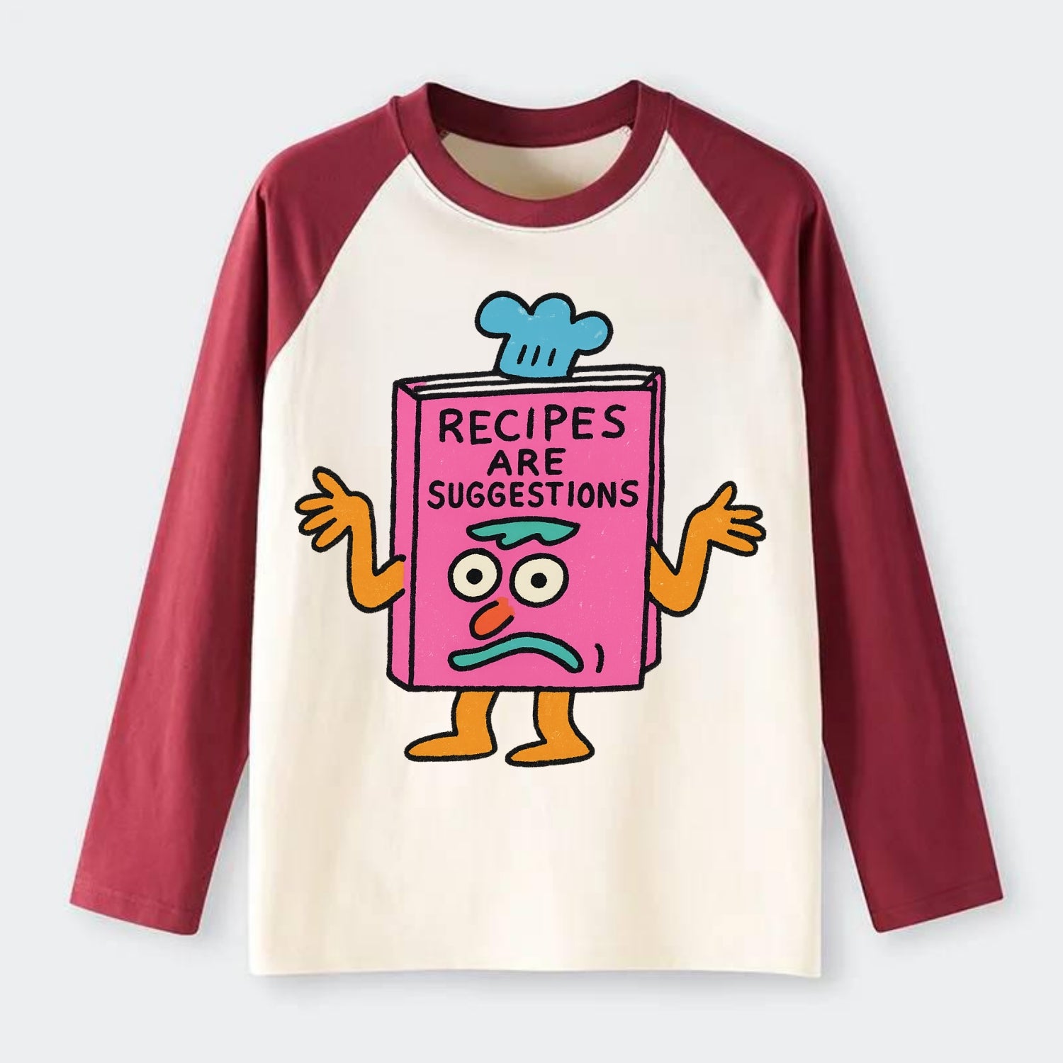 RECIPES ARE SUGGESTIONS | Cookbook shrugging - Raglan Long Sleeve T-Shirt - Red