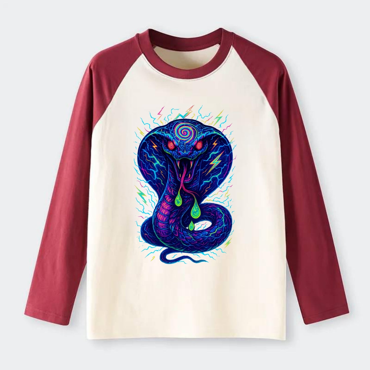 Mesmerizing cobra with hypnotic spiral patterns in the hood, scales - Raglan Long Sleeve T-Shirt - Red