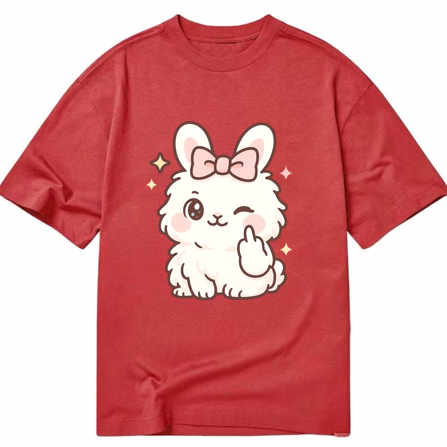 fluffy white angora rabbit with pink bow, one paw delicately flipping off - Classic T-shirt - Red
