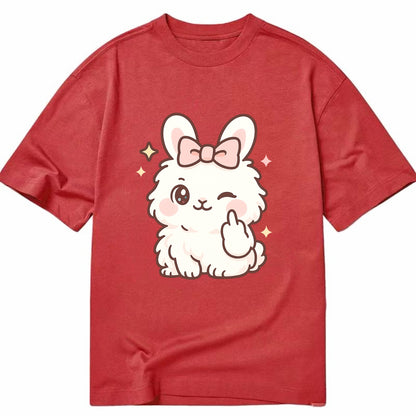 fluffy white angora rabbit with pink bow, one paw delicately flipping off - Classic T-shirt - Red