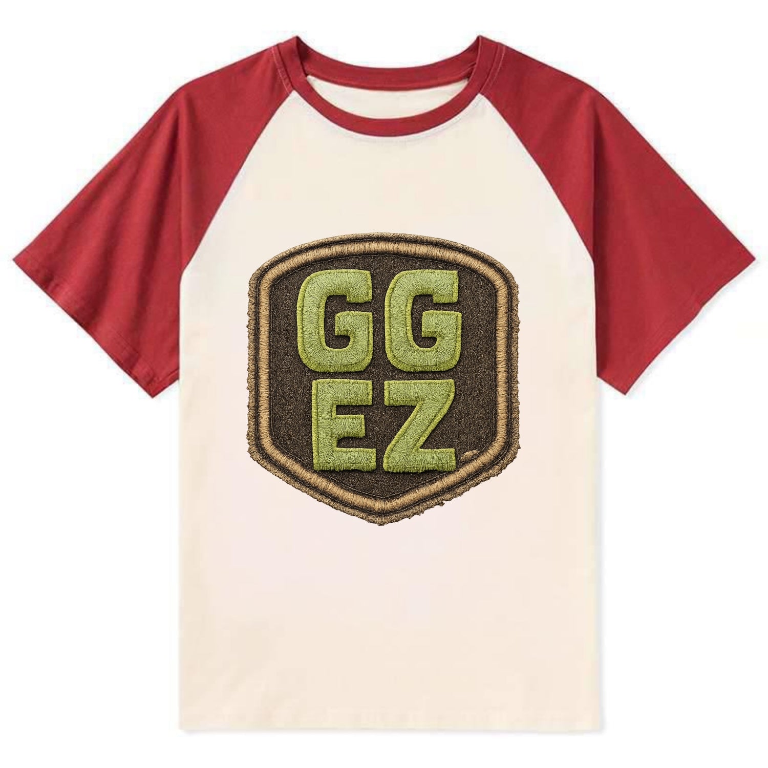 GG EZ - victory text in neon green , easy win - Contrast Raglan T-shirt - Red