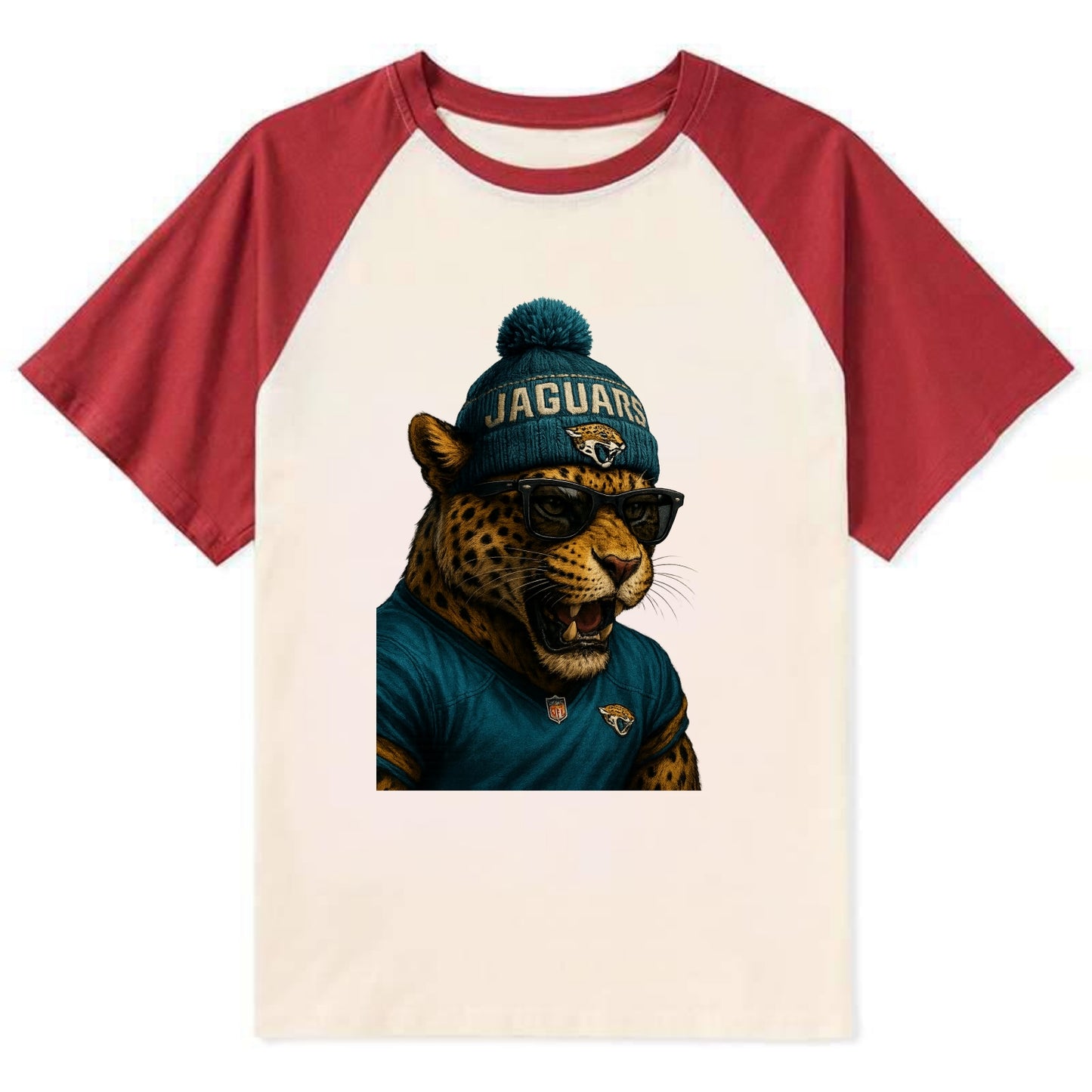 Jacksonville Jaguar wearing Jaguars teal and gold beanie with pom pom and - Contrast Raglan T-shirt - Red