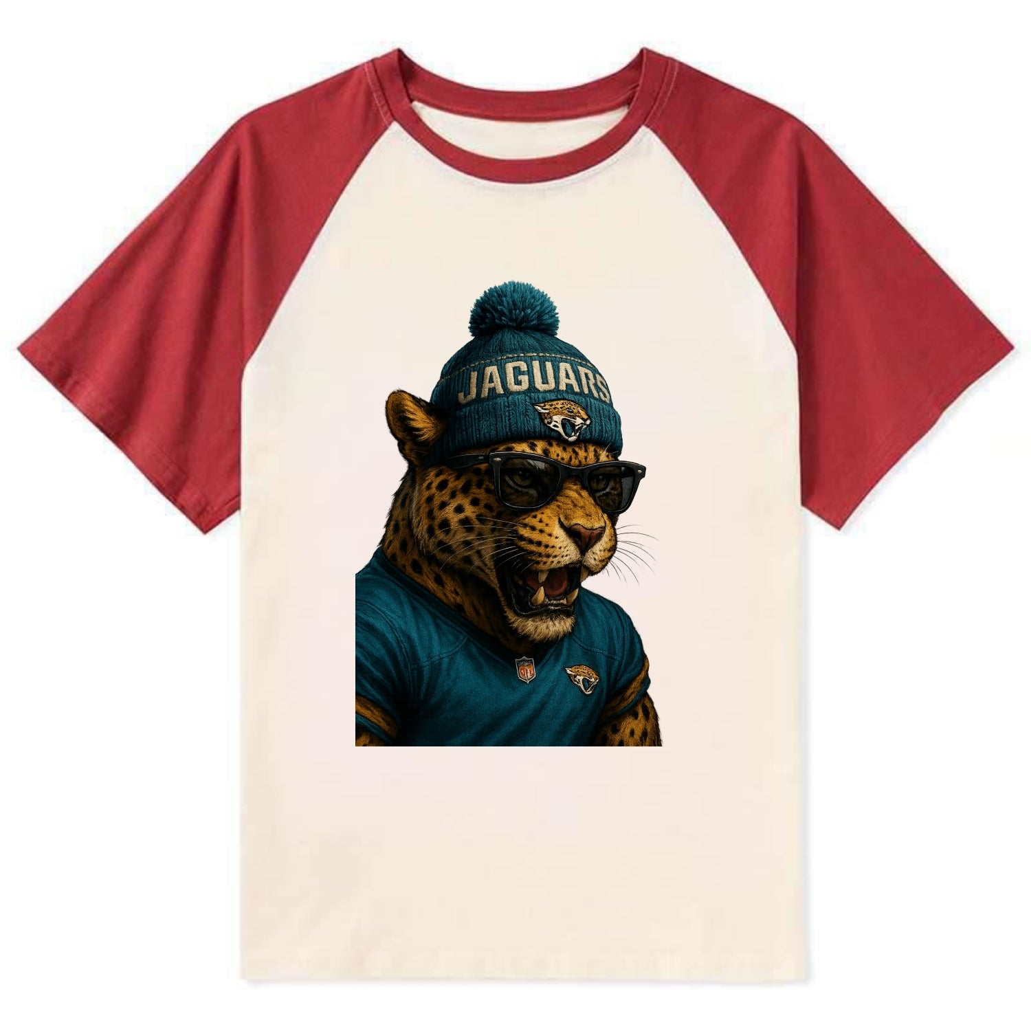 Jacksonville Jaguar wearing Jaguars teal and gold beanie with pom pom and - Contrast Raglan T-shirt - Red