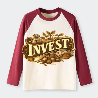Bold typography design - "INVEST" - growing money, smart decisions - Raglan Long Sleeve T-Shirt - Red