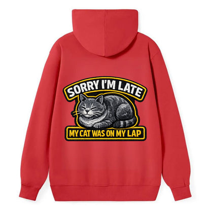 SORRY IM LATE MY CAT WAS ON MY LAP - cat loaf in gray , valid excuse - Classic Pullover Hoodie - Red
