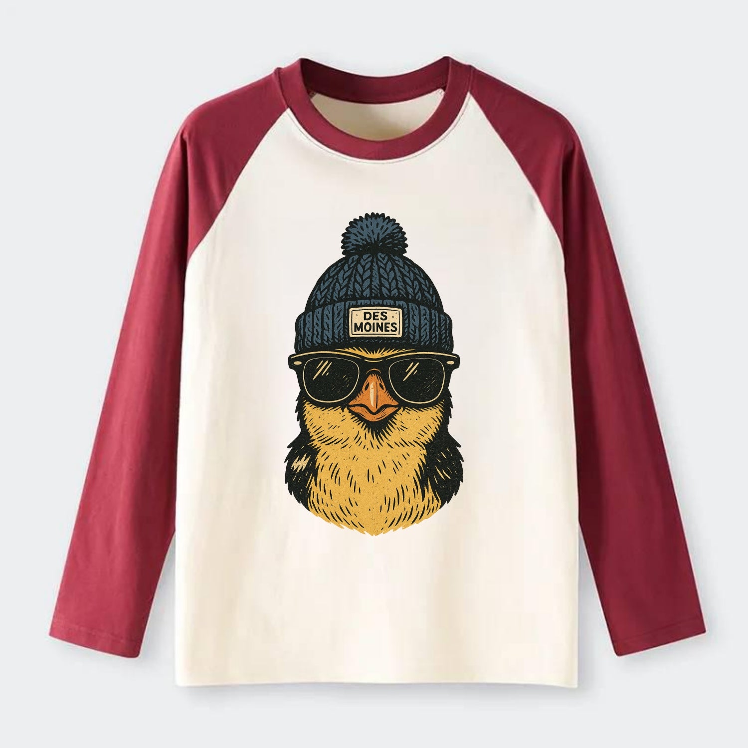 Iowa Goldfinch wearing Des Moines beanie with pom pom and wayfarer - Raglan Long Sleeve T-Shirt - Red