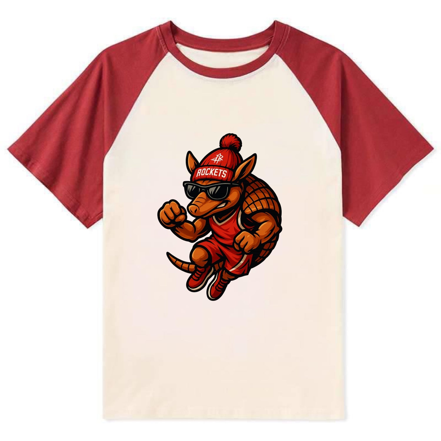 Houston Armadillo wearing Rockets red and silver beanie with rocket ship - Contrast Raglan T-shirt - Red