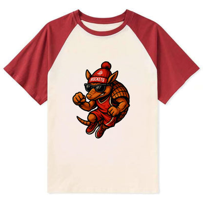 Houston Armadillo wearing Rockets red and silver beanie with rocket ship - Contrast Raglan T-shirt - Red