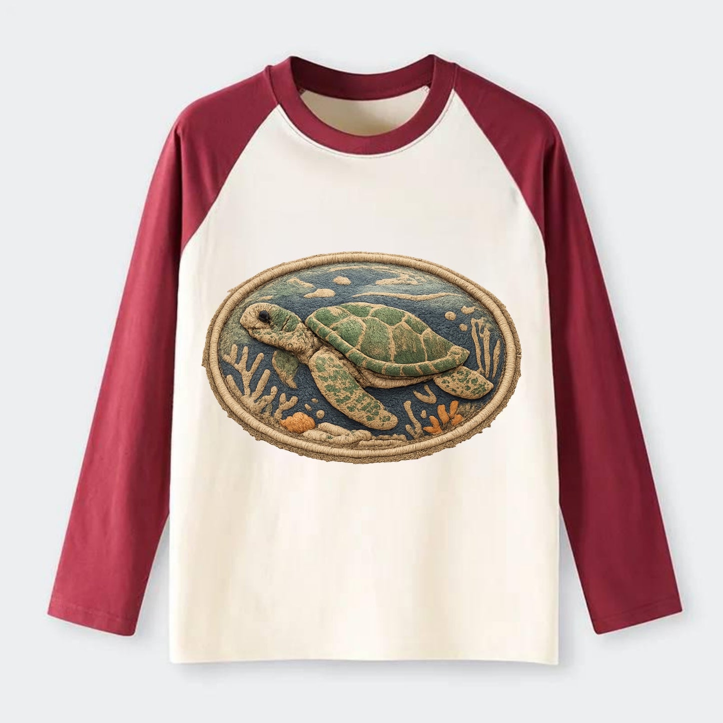 SEA TURTLE - swimming turtle in green and blue , ocean life - Raglan Long Sleeve T-Shirt - Red