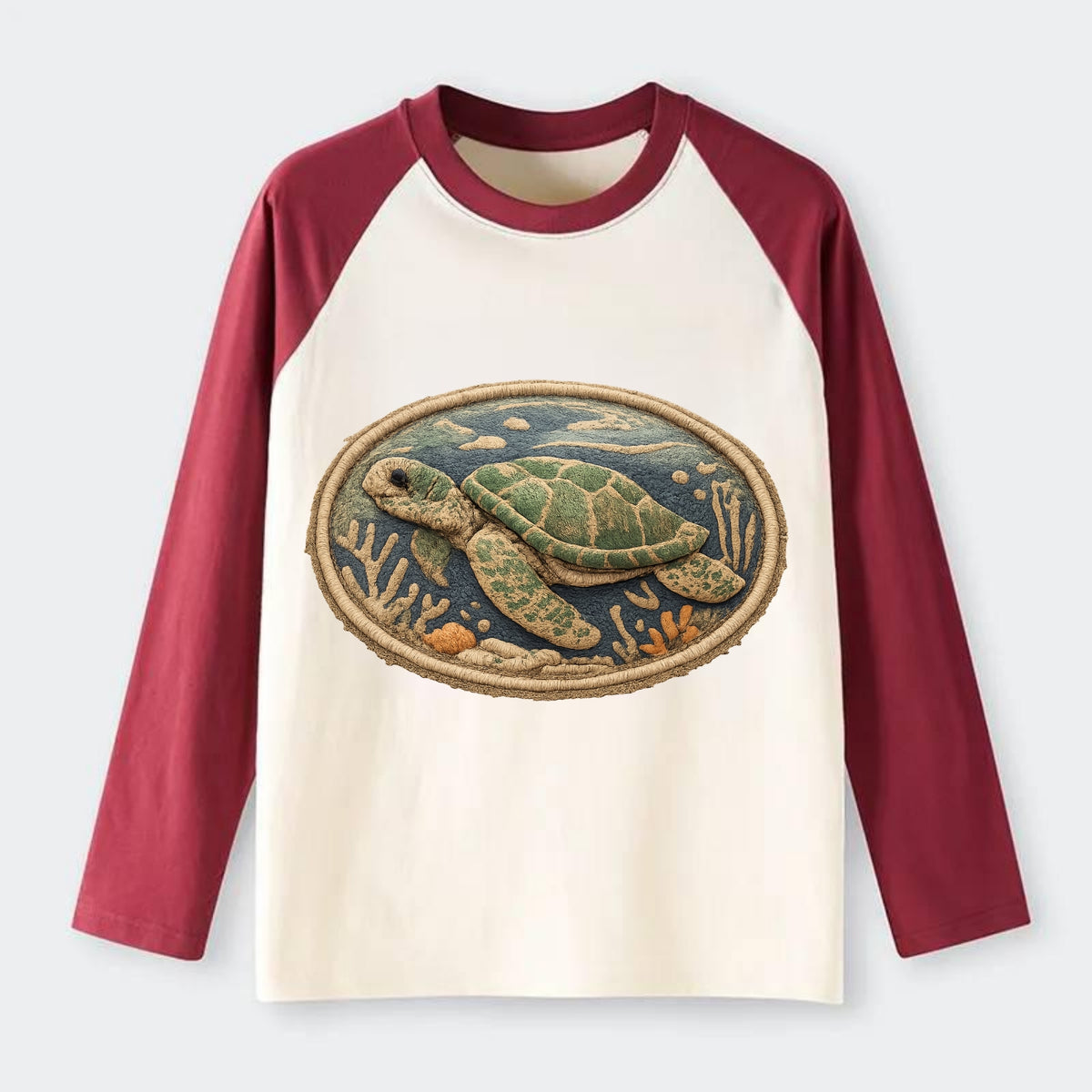 SEA TURTLE - swimming turtle in green and blue , ocean life - Raglan Long Sleeve T-Shirt - Red