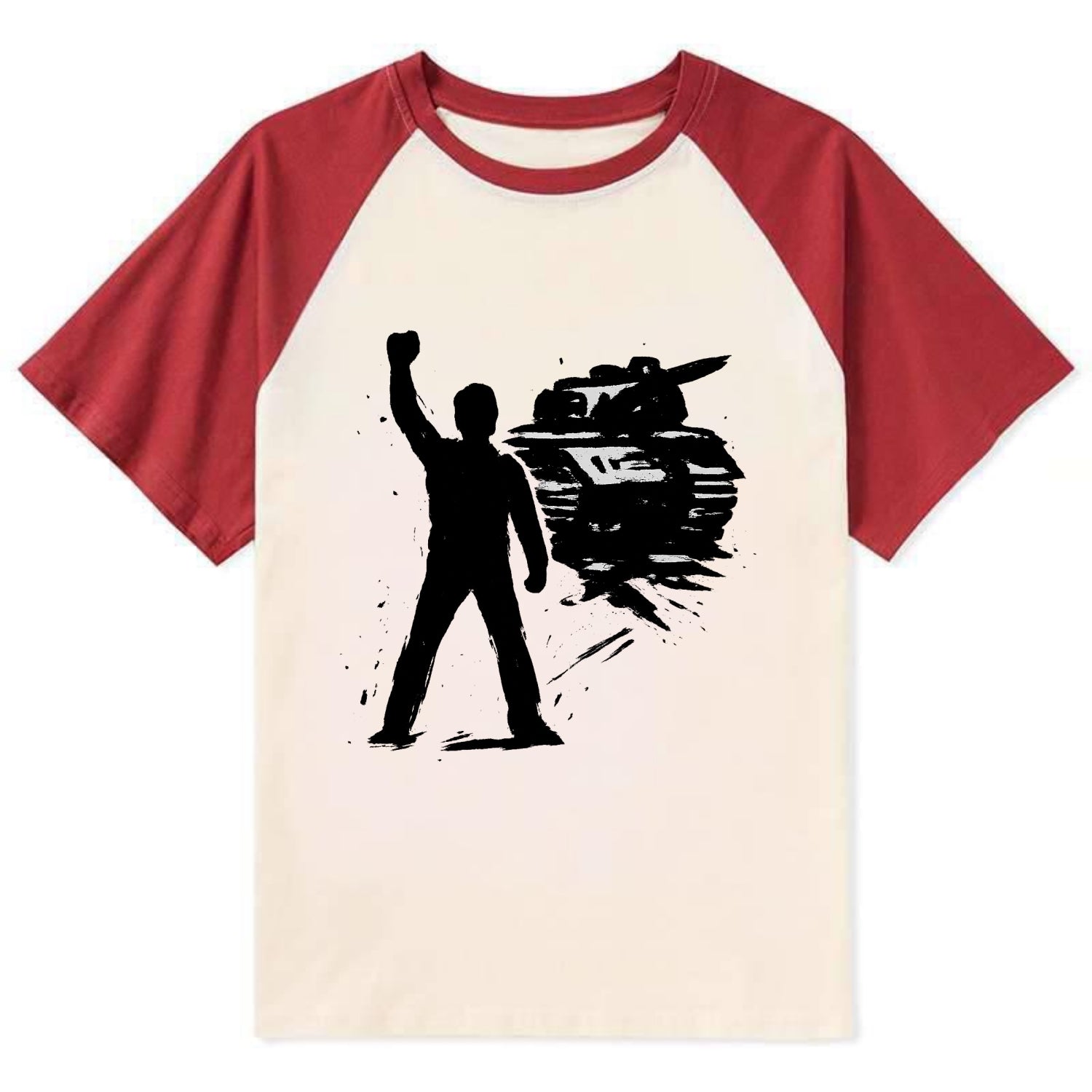 Single figure standing against tank - courage and resistance ink art - Contrast Raglan T-shirt - Red