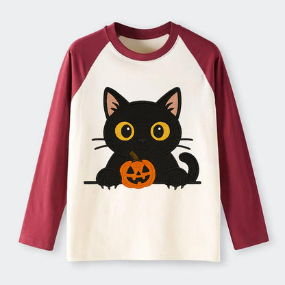 Midnight the black cat wearing round spectacles while studying the - Raglan Long Sleeve T-Shirt - Red